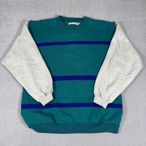 The Apparel Zone Vintage Mens XL Sweatshirt Teal Blue Grey Striped Colorblock